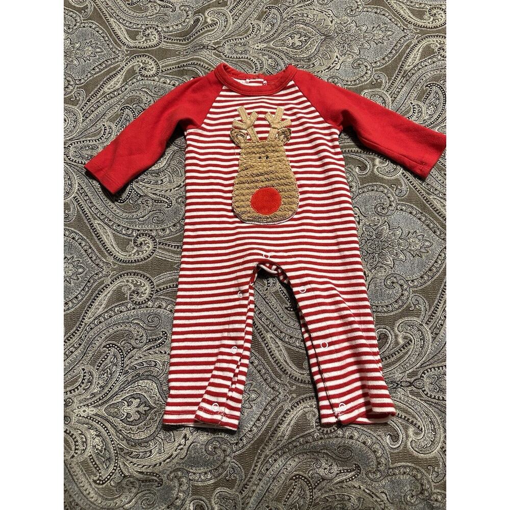 Mud Pie Red and White Striped Christmas Reindeer Overall size 3-6 M